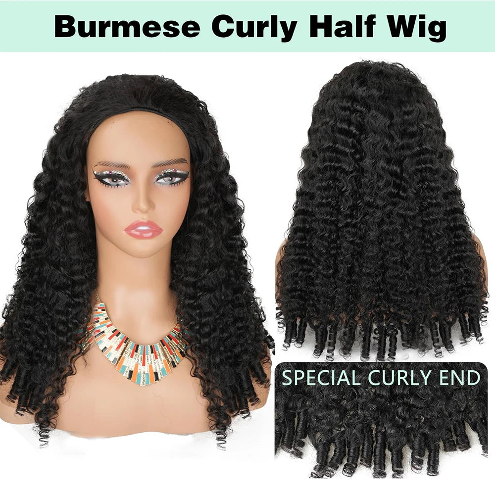 Burmese Curly 3 IN 1 Half Wigs Human Hair 250 Density Wig Glueless Wig Ready to Wear Half Wig Drawstring Burmese Curly Hair Wig