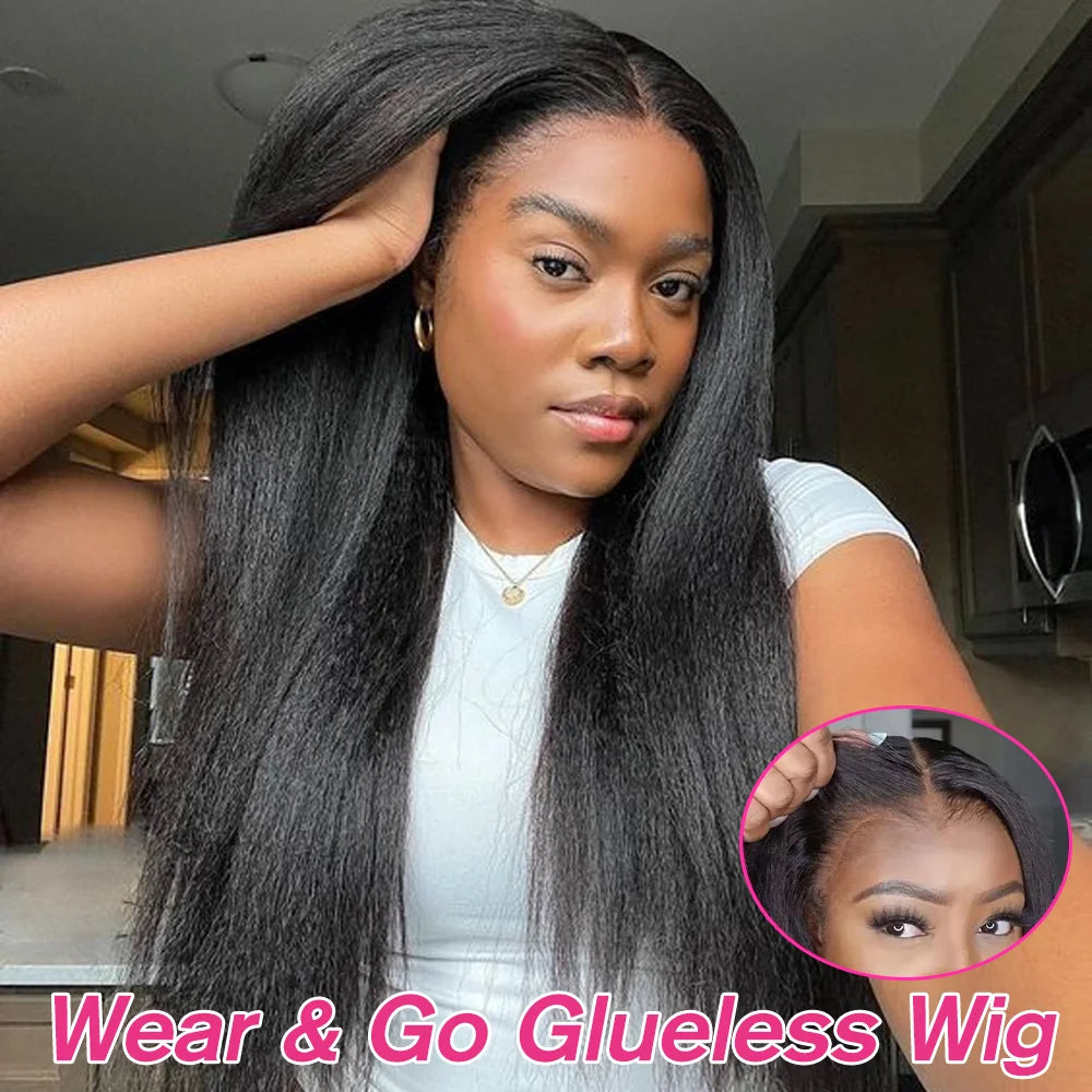 Yaki Straight Glueless Wig Human Hair Precut 7x5 13x6 HD Frontal Wigs Ready to Wear And Go Kinky Straight Lace Front Wig On Sale